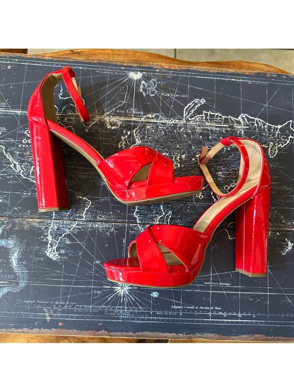 Wild Dive Red Ankle‑Strap Chunky Heels – Size 8